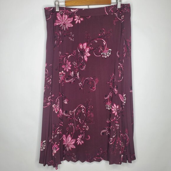 Chicos Womens Burgundy Floral Midi Skirt Size 2.5 US 14 Pleated Career Business - Picture 2 of 8